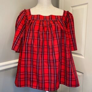 Draper James 1X Red Plaid Top Bow at Back Short Sleeve